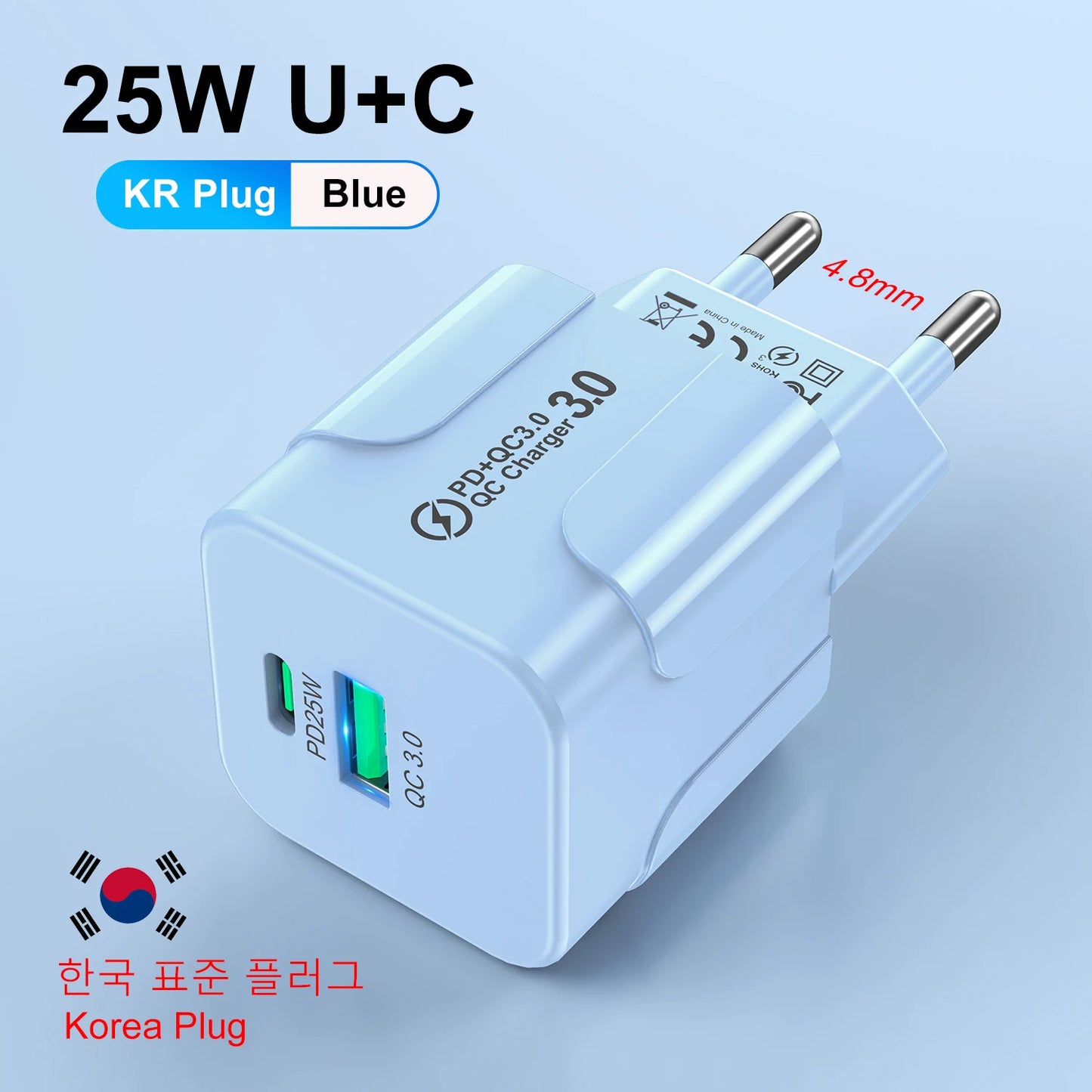 Cargador Pared Rápido PD 25W USB Tipo C (Enchufe Coreano KR) para iPhone 15 Pro Max