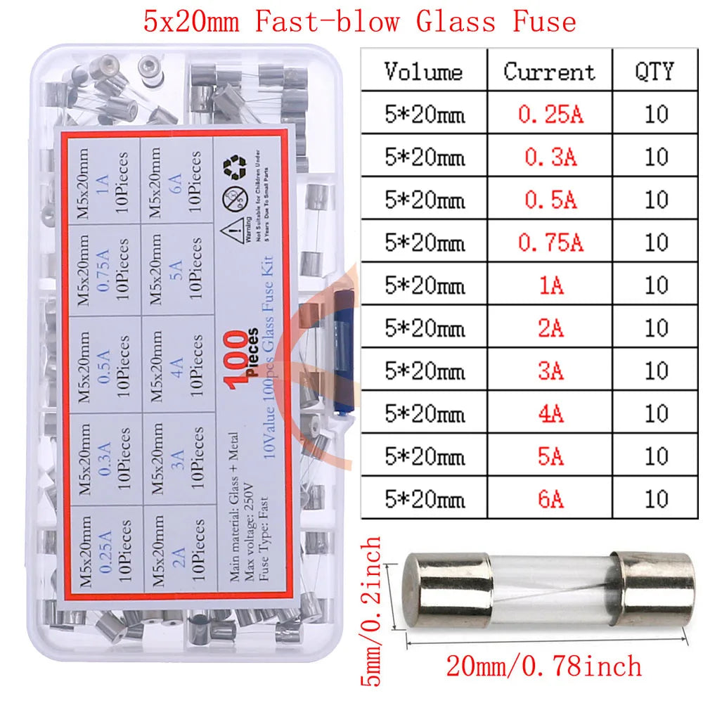 12V-250V Slow Fast Glass Fuse With Lead Wire Mix kit 0.1A 0.25A 0.5A 1A 2A 2.5A 3A 3.15A 4A 5A 6A 6.3A 8A 10A 15A 16A 20A 30A