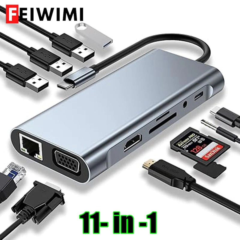 Hub Adaptador Dongle USB-C con HDMI 4K, VGA, PD, RJ45, Lector Tarjetas SD/TF para MacBook Pro/Air M1, iPad