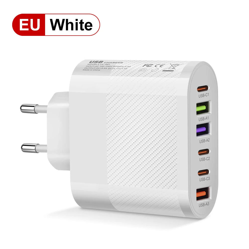 Cargador Pared USB C Múltiple 6 Puertos 65W Carga Rápida PD Adaptador Móvil para iPhone 14/15 Pro/Xiaomi/Samsung/Oneplus