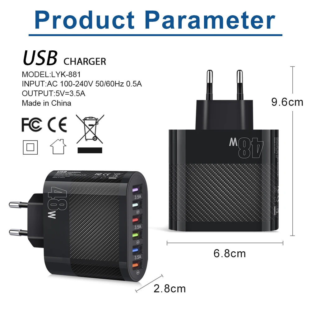 Cargador Pared Rápido USB 6 Puertos (6 en 1) Adaptador Carga para Samsung S22/S23, Xiaomi