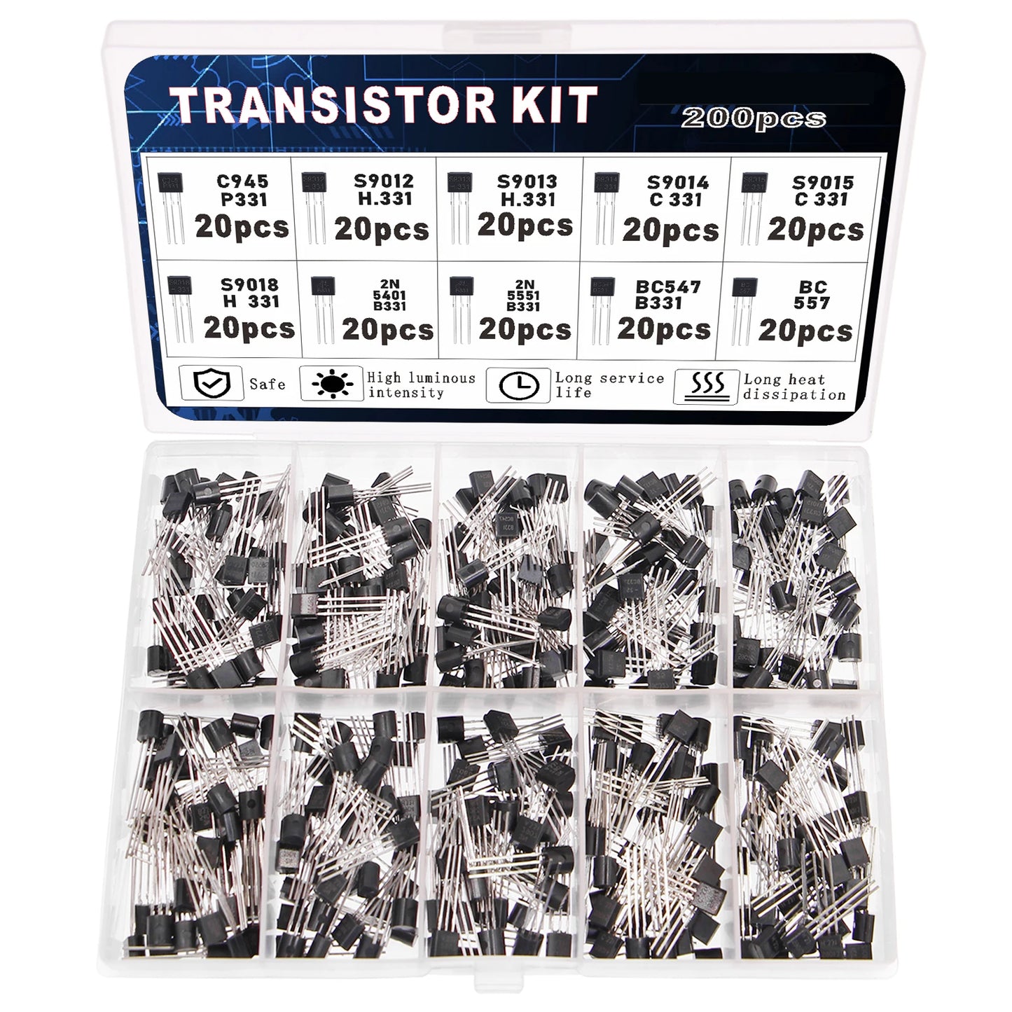 Kit Surtido Transistores BJT TO-92 - 10 Valores (A1015, BC327/337, C1815, S8050/8550, 2N2222/2907) (Total 200 Piezas)