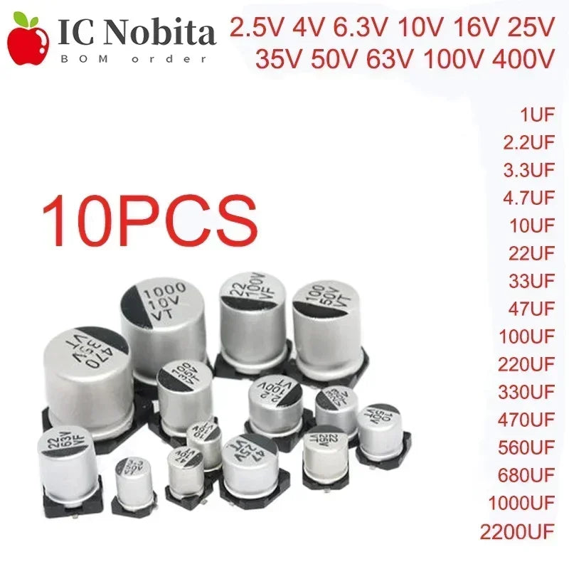 Capacitor Electrolítico SMD (22uF-2200uF, 6.3V-400V) - Pack 10 Unidades (Valores Surtidos)