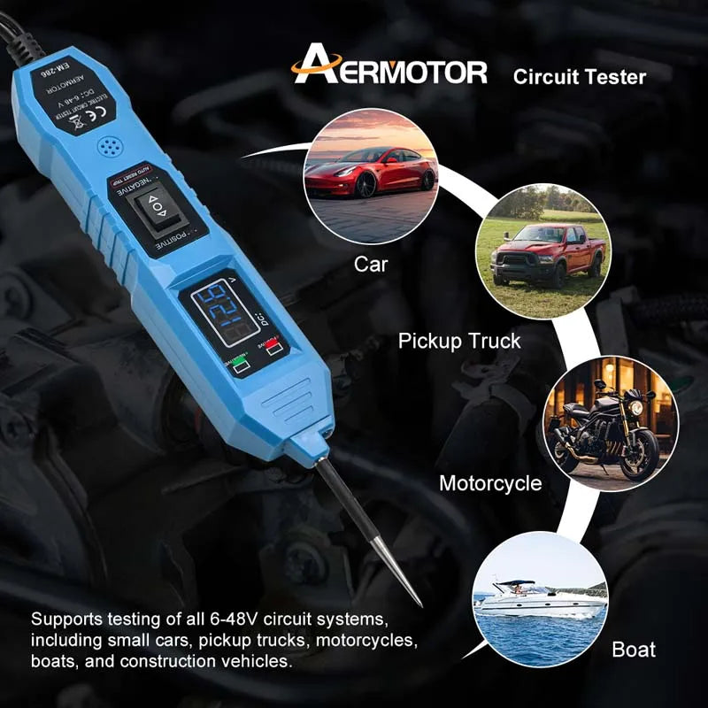 Tester Circuito Eléctrico Aermotor (6V-48V DC) con Display LED y Luz - Herramienta Diagnóstico Sistema Eléctrico Auto