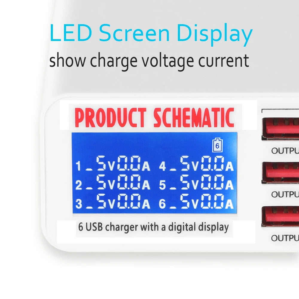 Cargador Escritorio USB 8A QC 3.0 (6 Puertos) con Pantalla LCD Carga Rápida Inteligente para Móvil/Tablet