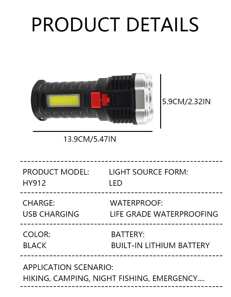 Linterna LED Alta Potencia (5 LEDs) Recargable Foco Camping con Luz Lateral (3 Modos) para Aventura Exterior