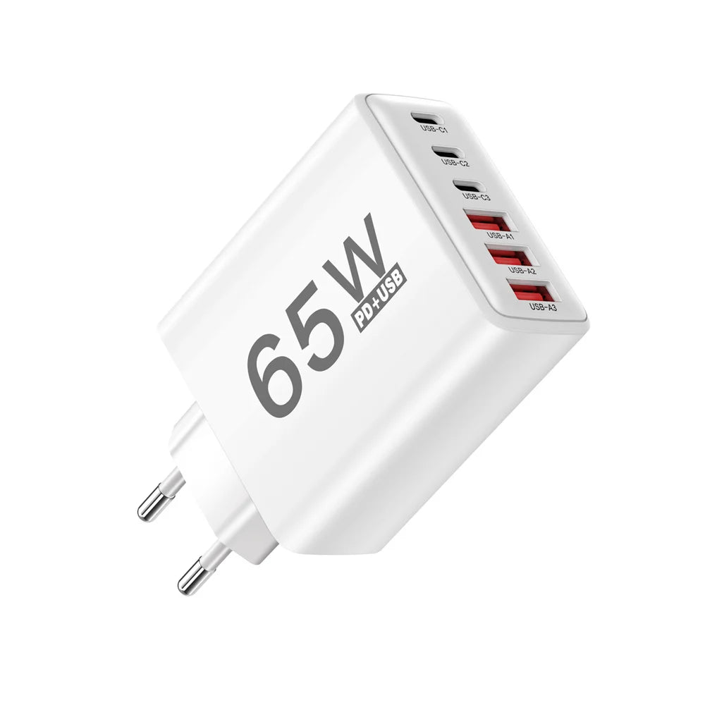 Cargador Pared USB C Múltiple 6 Puertos 65W Carga Rápida Total PD Adaptador Móvil para iPhone 15/16 Pro/Xiaomi/Samsung