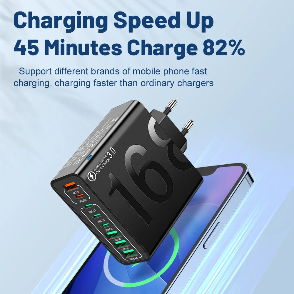 Cargador Pared USB Tipo C Múltiple 8 Puertos Alta Velocidad Carga Rápida PD para iPhone 15/Xiaomi/Huawei