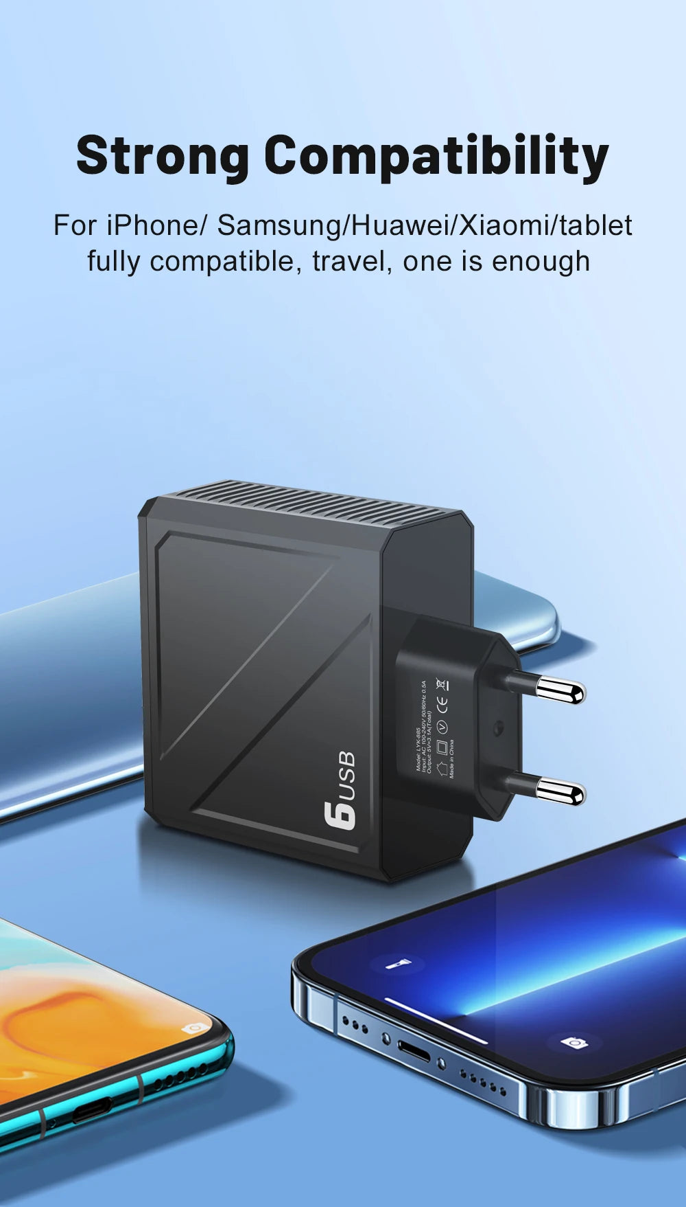 Cargador Pared USB 6 Puertos 3.1A Carga Rápida Adaptador Móvil para iPhone/Samsung/Xiaomi/Huawei