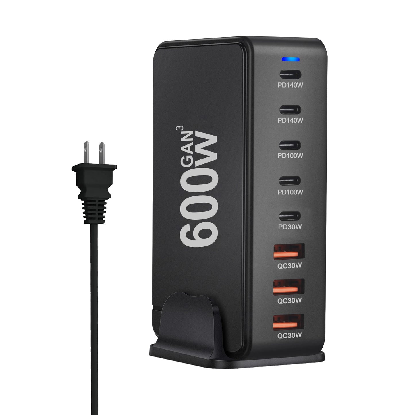 Cargador GaN Rápido 600W 8 Puertos (5 USB-C PD + 3 USB-A QC 3.0?) Portátil para Móvil/Tablet