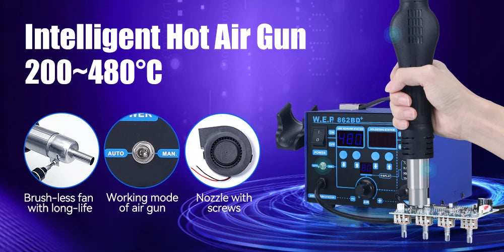 WEP 862BD+ Visible Adjustable Temperture Air Volume BGA Rework Station Hot Air Soldering Station SMD Rework Station With ESD