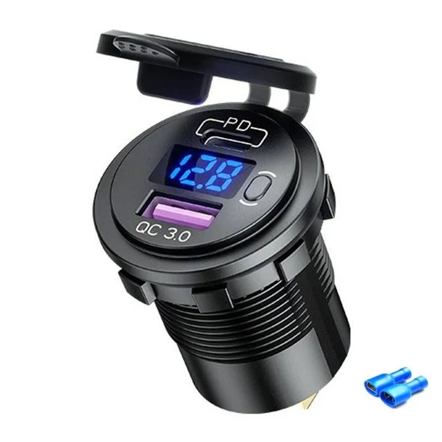 Cargador USB Auto/Camión PD 60W + QC 3.0 con Switch LED Voltímetro 12V/24V Carga Rápida