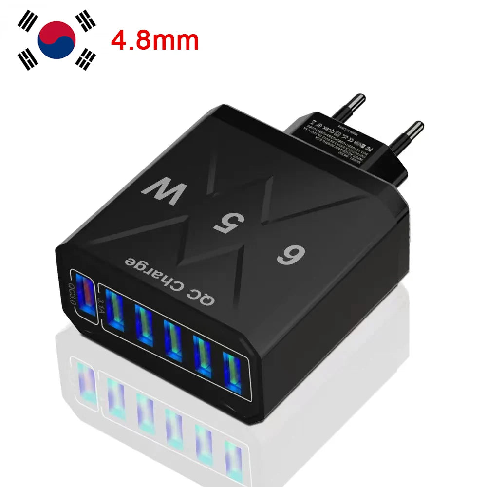 Adaptador Cargador Viaje Rápido USB 3.1A 6 en 1 Multi-Enchufe QC3.0 para iPhone 12/13/Samsung/Xiaomi
