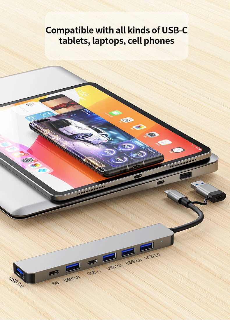 Hub Extensor USB-C a USB 3.0 Aluminio 7 en 1 (1x USB 3.0, 4x USB 2.0, 2x USB-C) Distribuidor USB