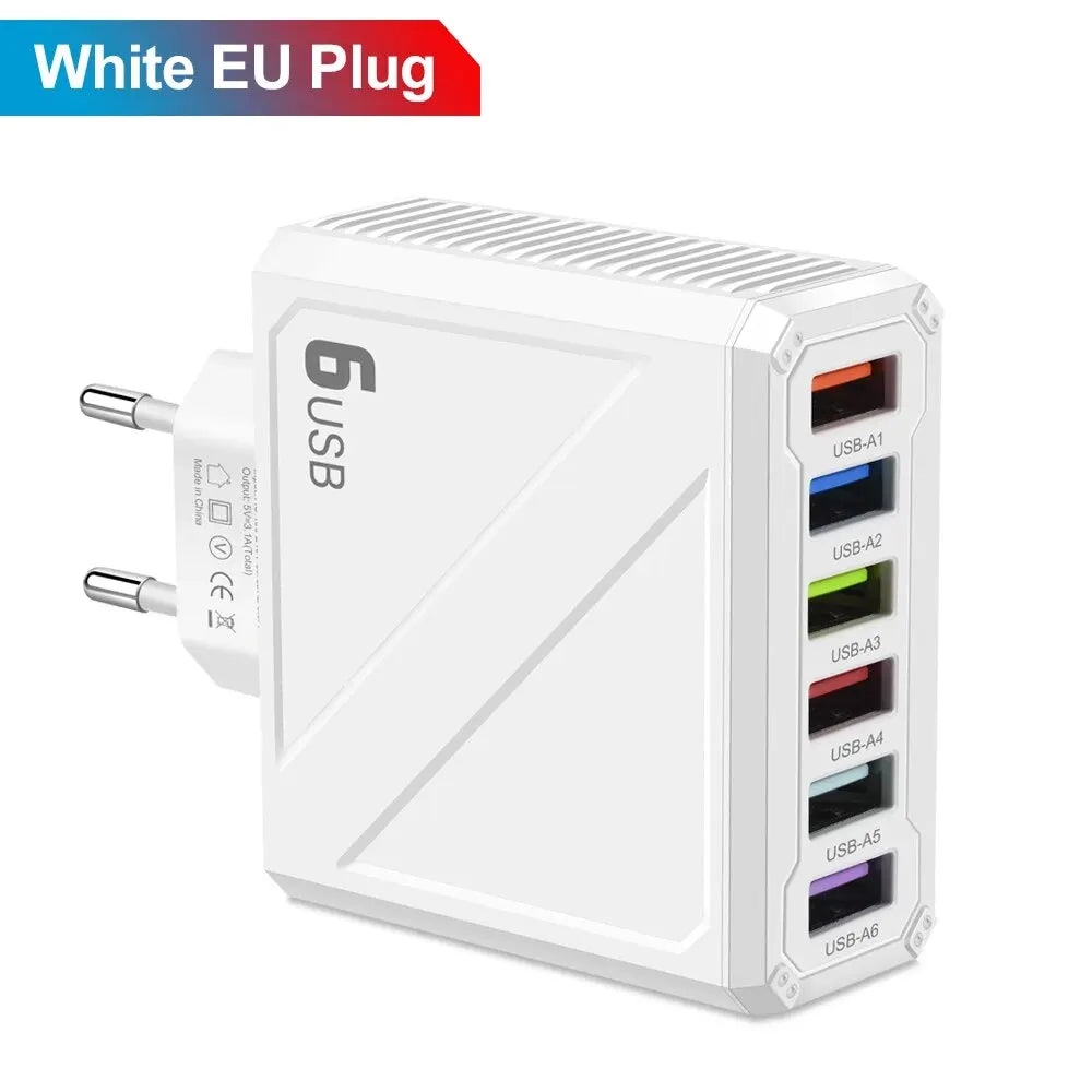 Cargador Pared USB 6 Puertos 3.1A Carga Rápida Adaptador Móvil para iPhone/Samsung/Xiaomi/Huawei
