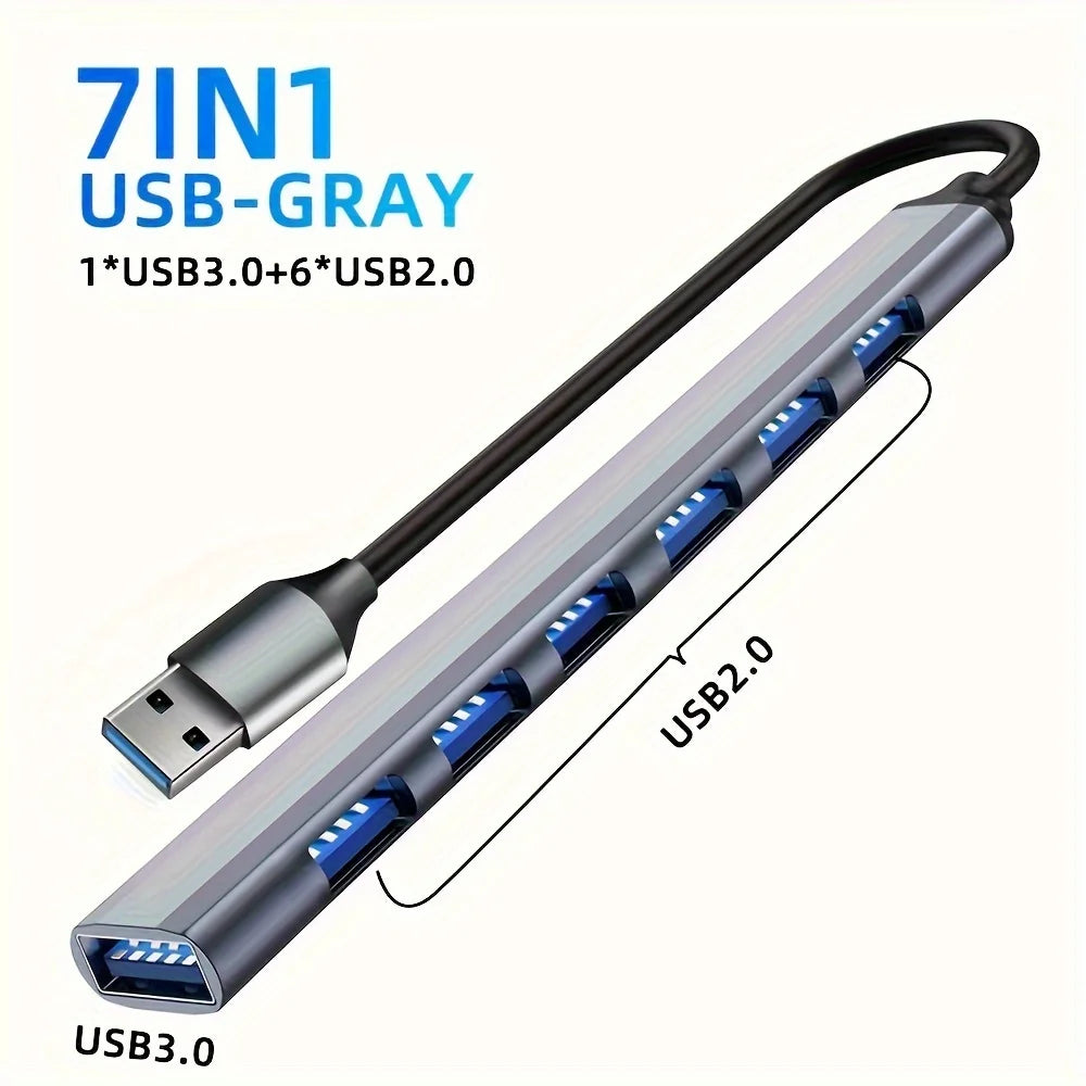 Hub Extensor USB-C a USB 3.0 Aluminio 7 en 1 (1x USB 3.0, 4x USB 2.0, 2x USB-C) Distribuidor USB