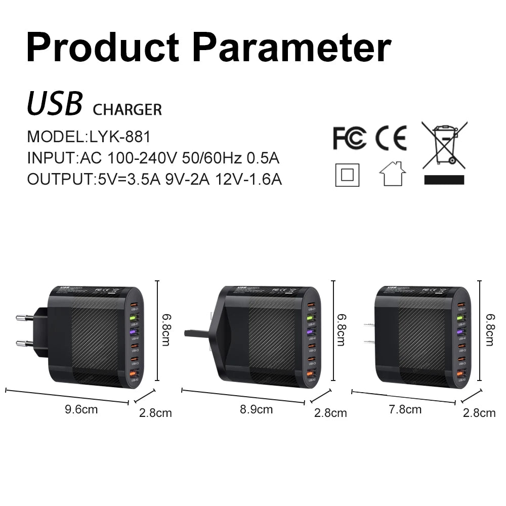 Cargador Pared USB C Múltiple 6 Puertos 65W Carga Rápida PD Adaptador Móvil para iPhone 14/15 Pro/Xiaomi/Samsung/Oneplus