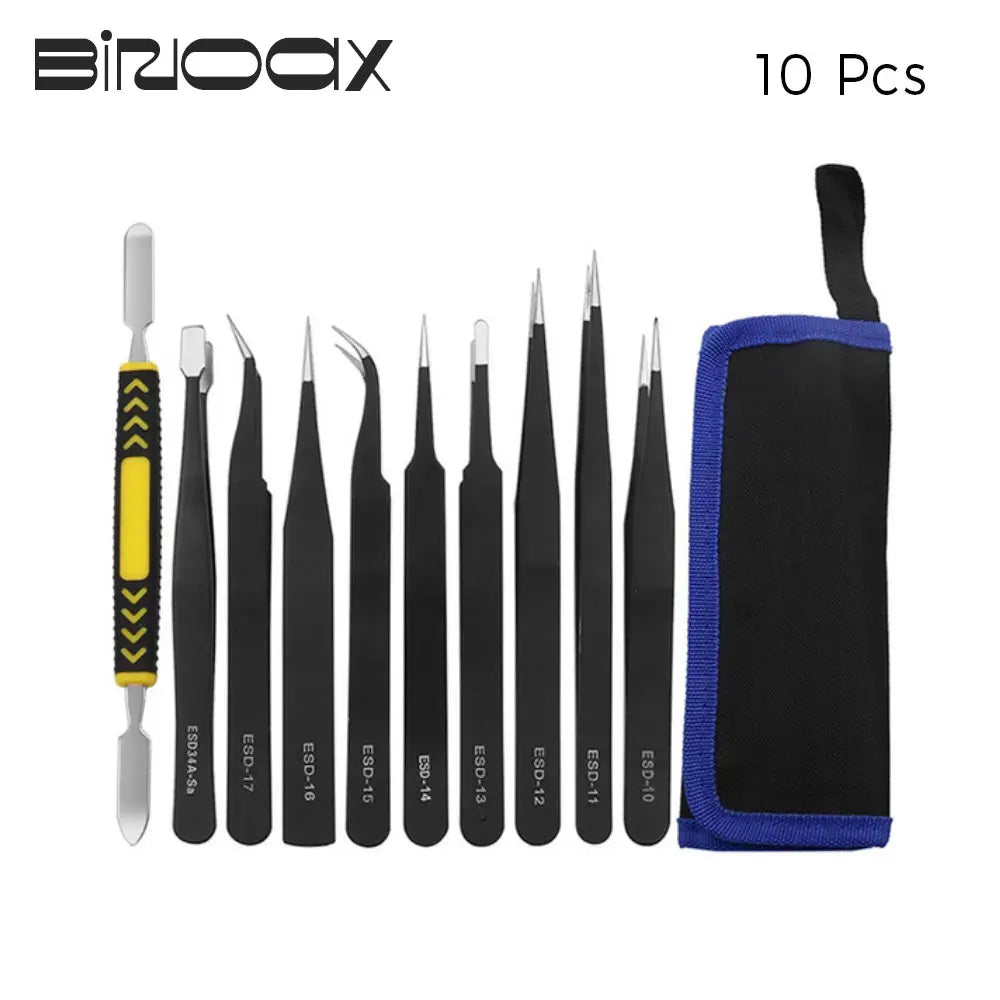 Set Pinzas ESD Antiestáticas Acero Inoxidable Binoax (Puntas No Magnéticas) para Electrónica/Soldadura/Artesanía (6/9/10 Piezas)