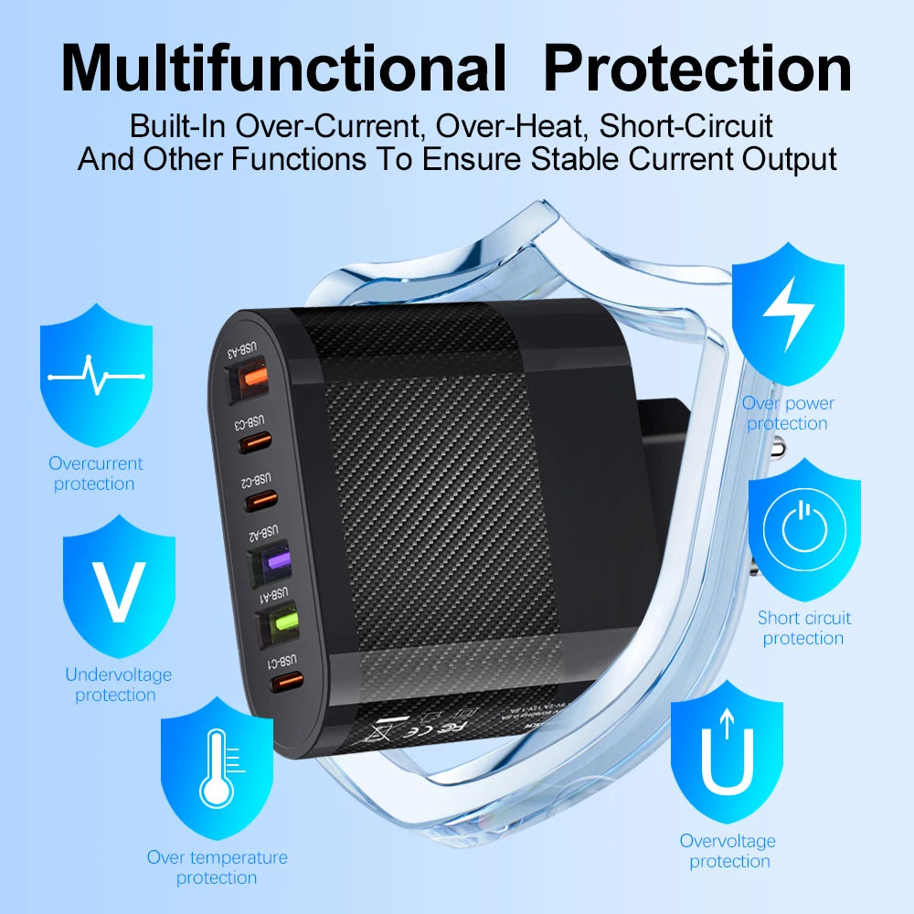 Cargador Pared USB C Múltiple 6 Puertos 65W Carga Rápida PD Adaptador Móvil para iPhone 14/15 Pro/Xiaomi/Samsung/Oneplus