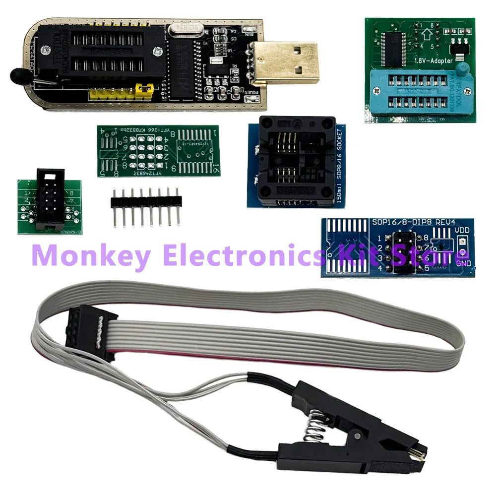 Kit Programador USB CH341A EEPROM/Flash/BIOS con Clip SOIC8 y Adaptador 1.8V + ZIF Socket