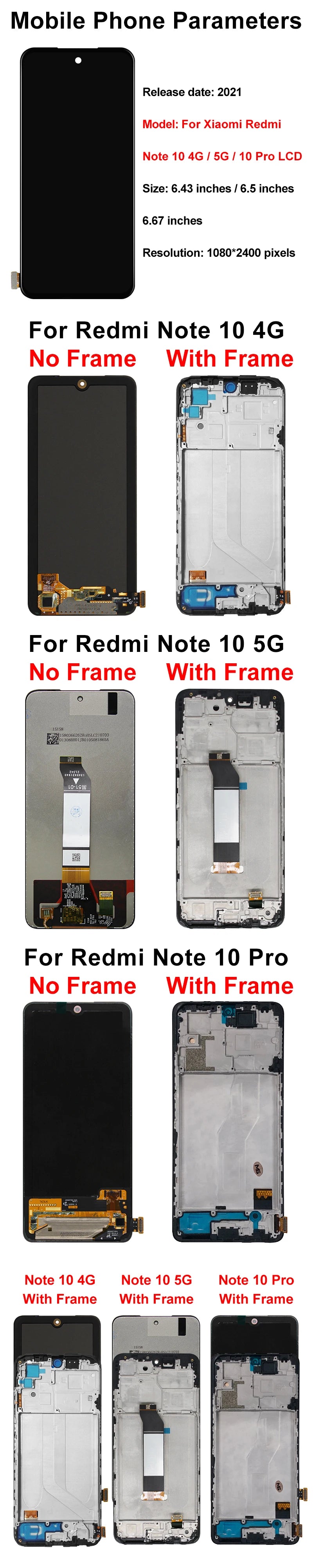 AMOLED LCD For Xiaomi Redmi Note 10 4g Screen Digitizer M2101K7AI For Redmi Note 10 5g Display Note 10 Pro LCD Touch M2101K6G