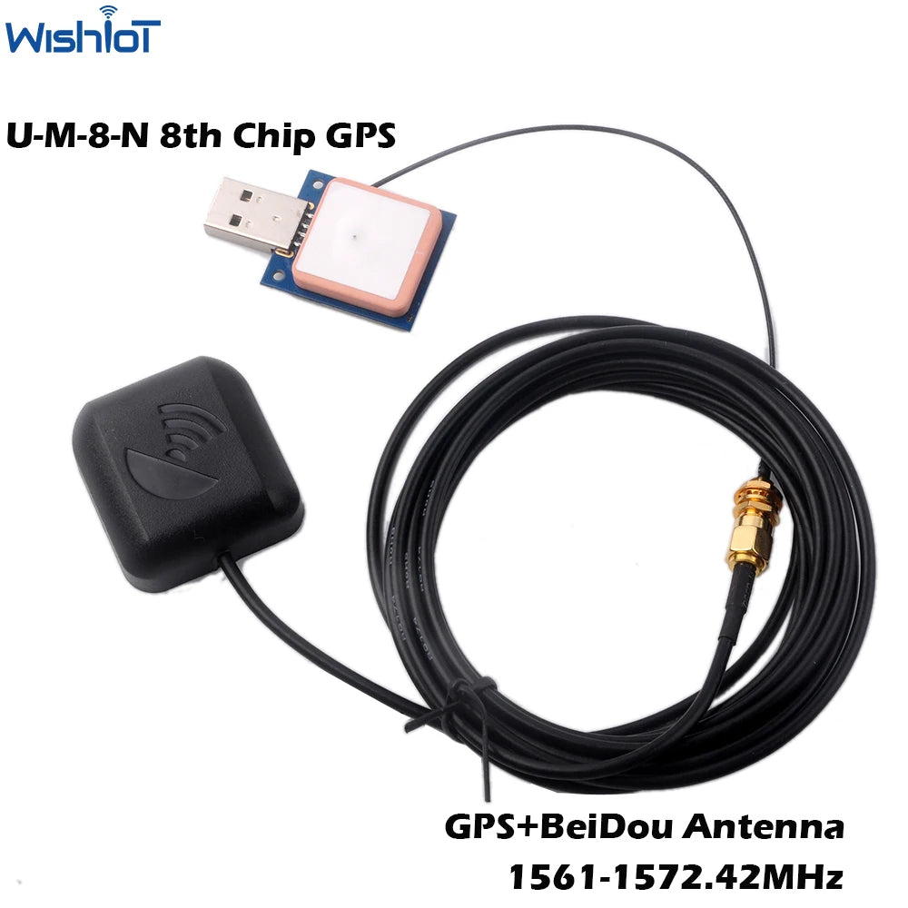 Módulo Receptor GPS USB M8N (Beidou/Glonass) con Antena (Cable IPX a SMA) para Arduino/Pixhawk Control Vuelo