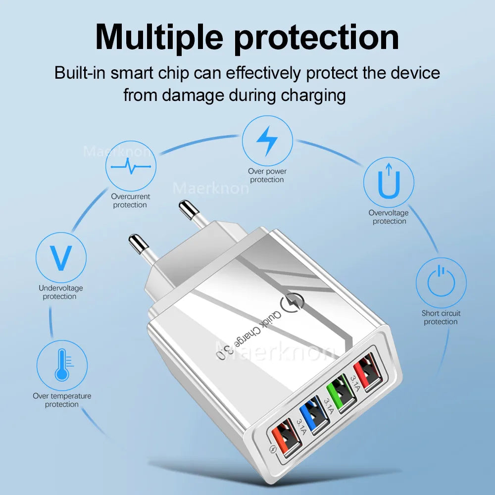 Cargador Pared USB 4 Puertos Quick Charge 3.0 Carga Rápida para iPhone 15/14/Samsung/Xiaomi (Enchufe EU/US)