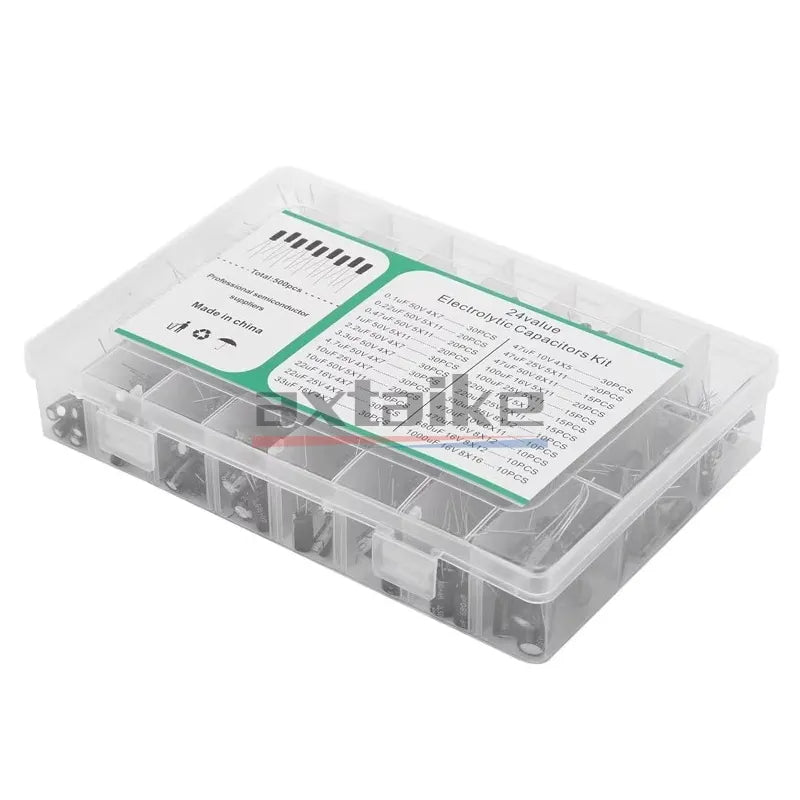 Kit Surtido Capacitor Electrolítico Aluminio (0.1uF-1000uF, 16V/25V/50V) con Caja - Pack 120/200/500 Piezas