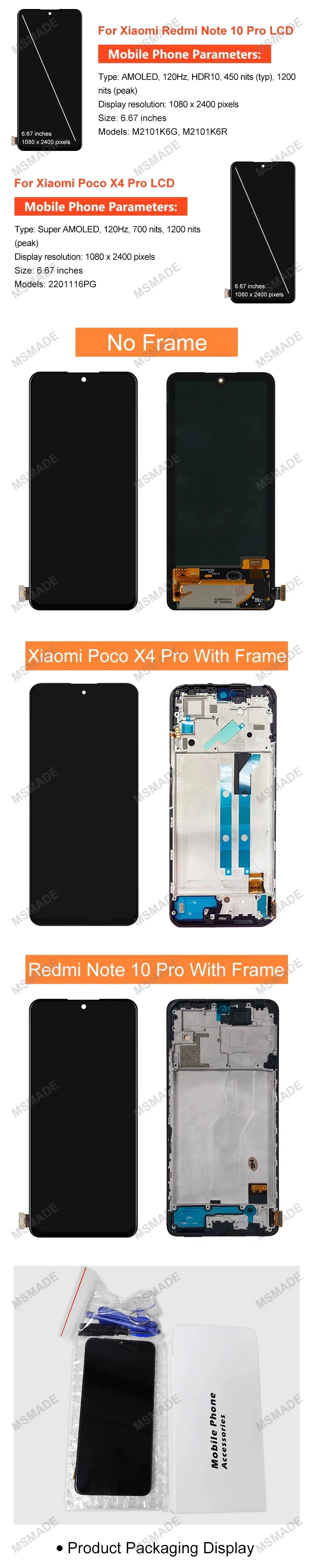 Super AMOLED For Xiaomi Redmi Note 10 Pro LCD Screen Displa For Xiaomi Poco X4 Pro LCD M2101K6G 2201116PG Display Replace Parts