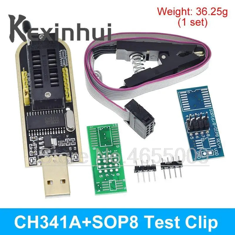 Kit Programador USB CH341A 24/25 Series EEPROM Flash BIOS + Clip Test SOIC8/SOP8 + Adaptador 1.8V + Adaptador SOIC8