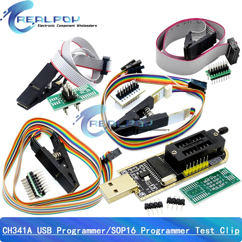 Kit Programador USB CH341A 24/25 Series EEPROM Flash BIOS + Clip Test SOP16/SOIC16 para RT809F/TL866