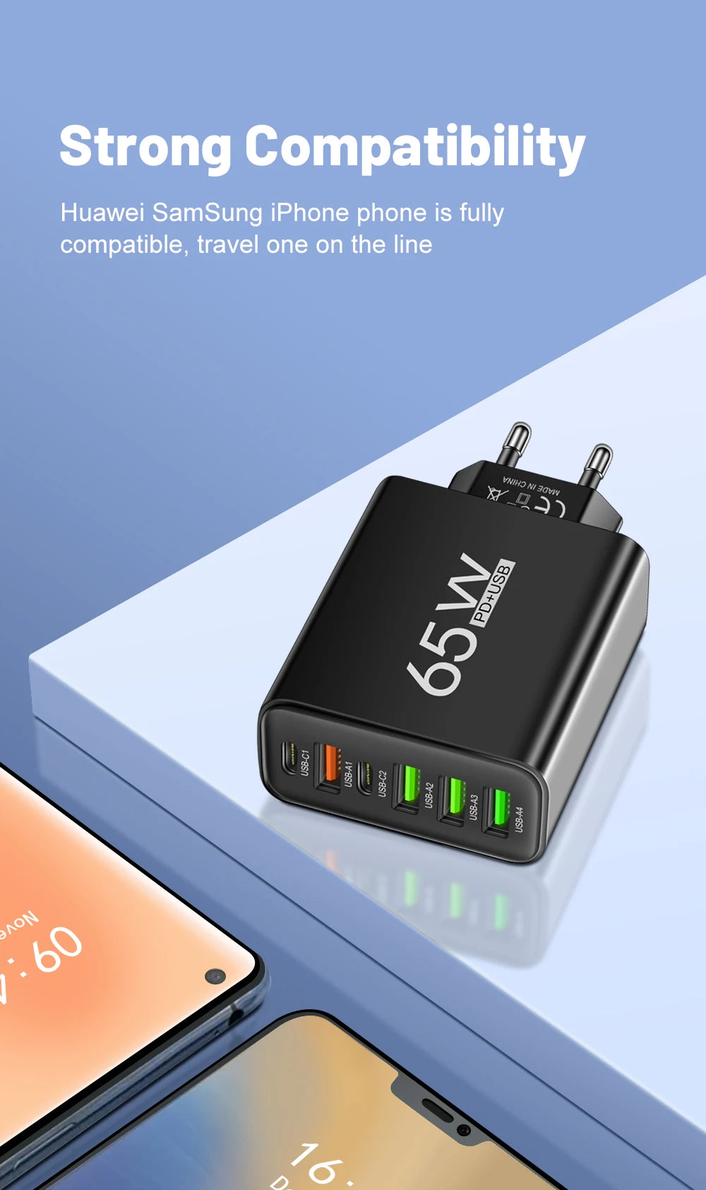 Cargador Pared Rápido USB-C 65W (6 Puertos) para iPhone 14/15 Pro Max, Samsung S23, Xiaomi 14