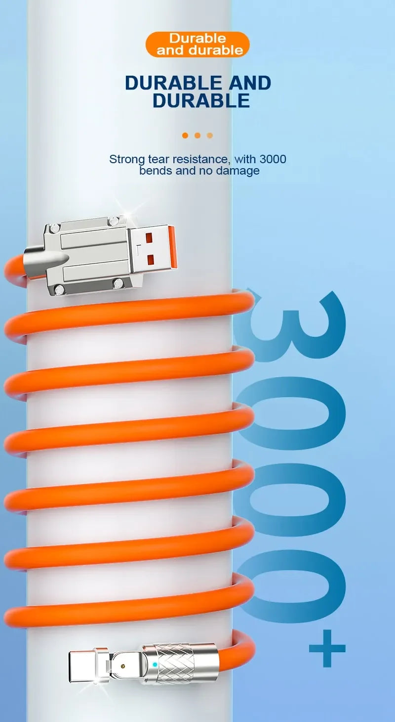 Cable Datos Silicona Grueso/Alargado Tipo C 120W 6A Carga Ultra Rápida con Rotación 180° para Huawei/Samsung/Xiaomi