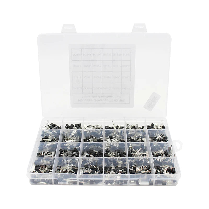 Kit Surtido Transistores TO-92 NPN/PNP (BC547/327/337, 2N2222/3904/3906, C945) en Caja - 200-900 Piezas