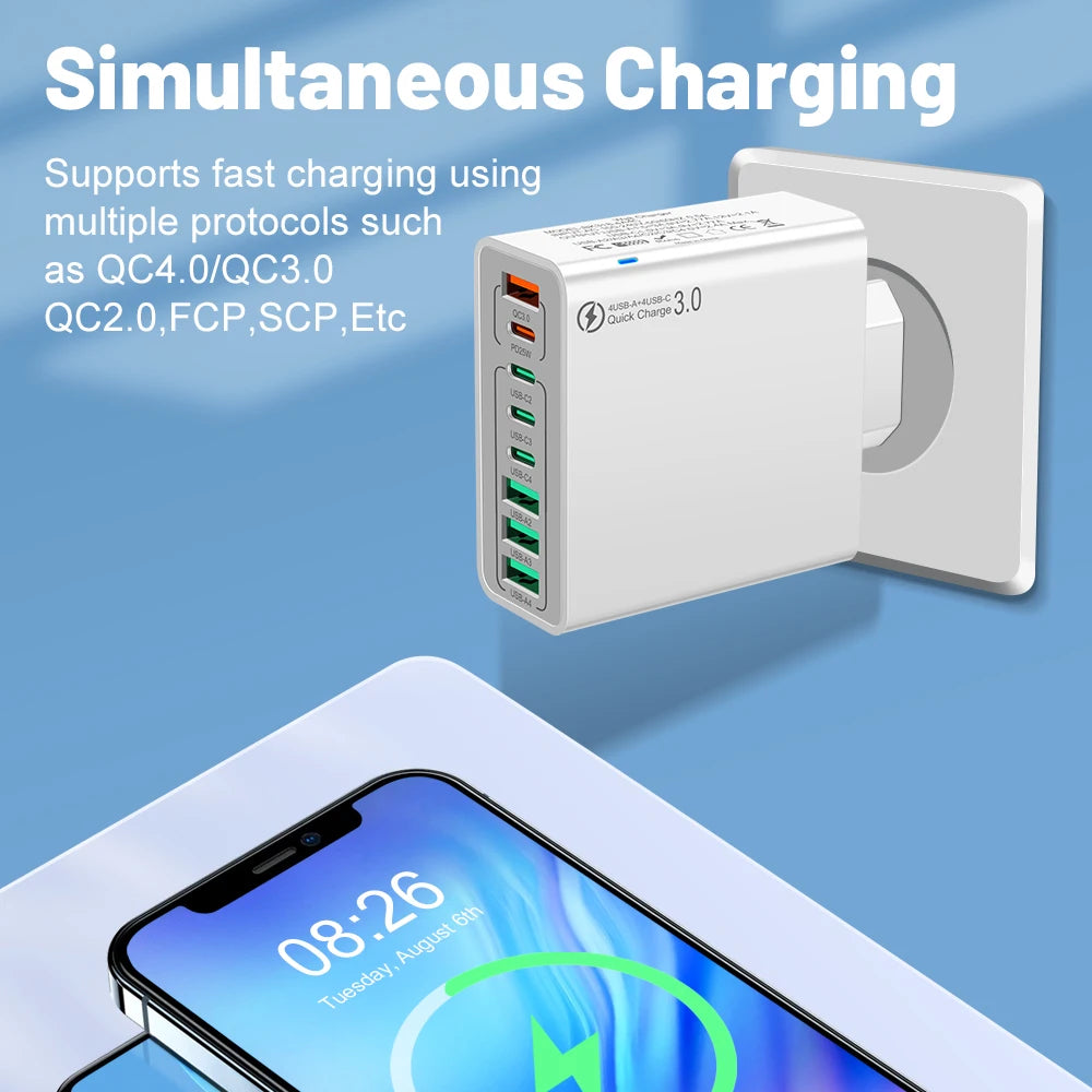 Cargador Pared USB 8 Puertos (Total 65W) Carga Rápida (PD Tipo C, QC 3.0) Adaptador para iPhone 14/15 Pro Max/Xiaomi/Samsung