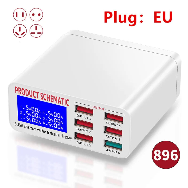 Hub Cargador USB 6 Puertos Carga Rápida con Pantalla LED (Voltaje/Corriente)