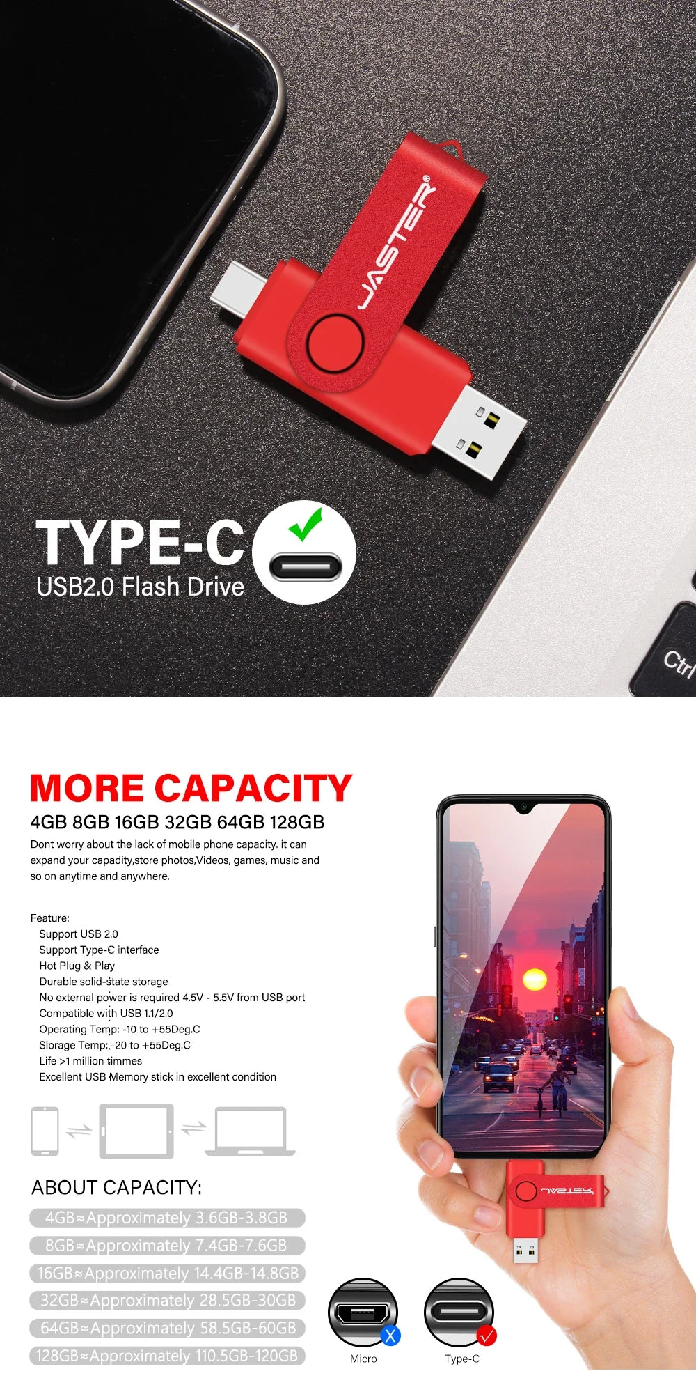 Memoria USB Flash Drive Pendrive Tipo C (32GB/64GB/128GB) con Llavero Regalo Empresarial