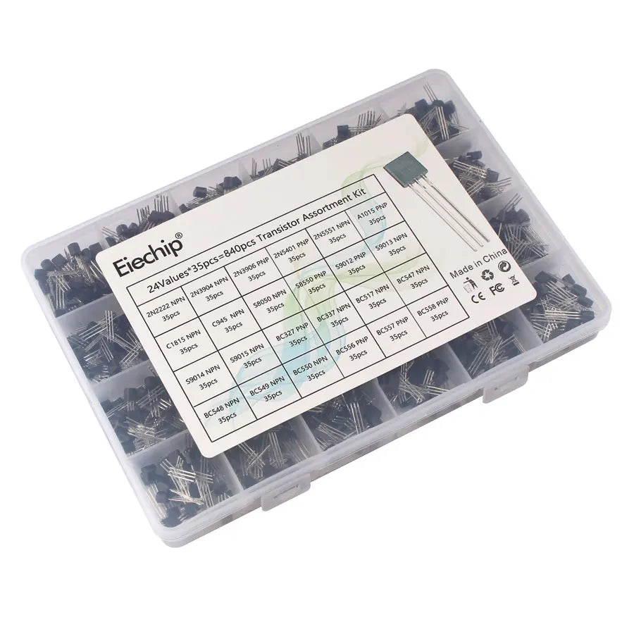 Kit Surtido Transistores TO-92 NPN/PNP (BC547/327/337, 2N2222/3904/3906, C945) en Caja - 200-900 Piezas