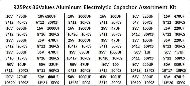 Kit Surtido Capacitor Electrolítico Aluminio Bajo ESR (1uF-470uF, 36 Valores) - Pack 925 Piezas