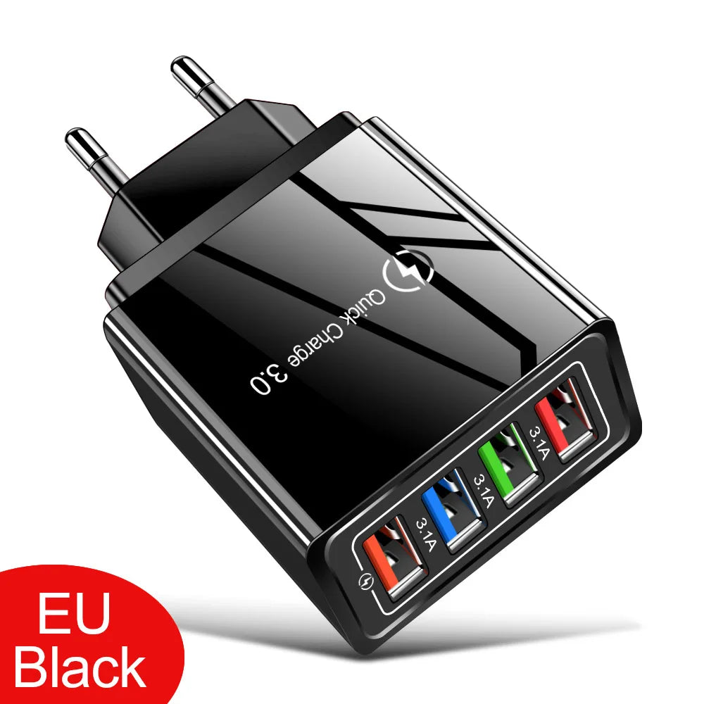 Cargador Pared USB 4 Puertos Quick Charge 3.0 Carga Rápida para iPhone 15/14/Samsung/Xiaomi (Enchufe EU/US)