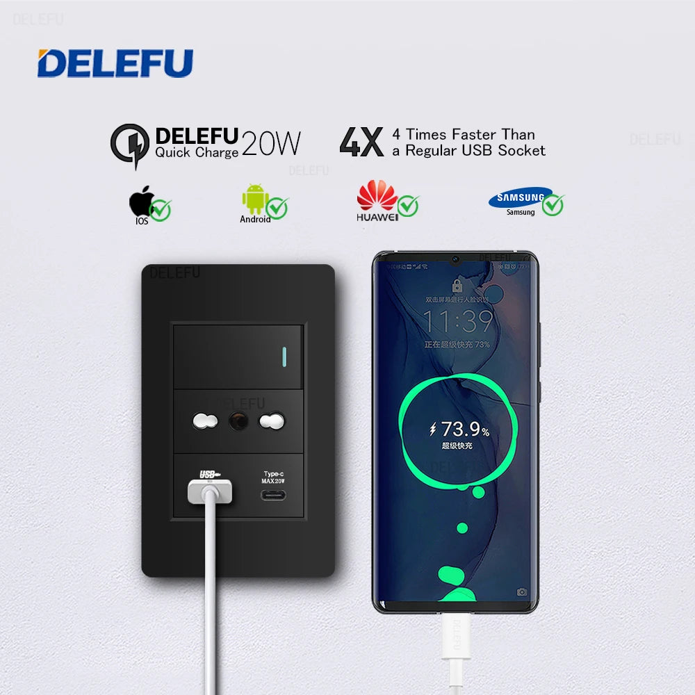 Enchufe Pared Delefu Italia/Chile PC Negro USB-C Carga Rápida + Schuko + Switch Smart Tuya WiFi + SAT/TV/TEL/Timbre