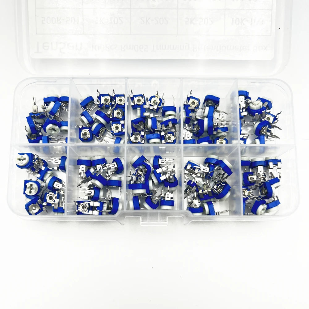 100Pcs/Box RM065 Carbon Film Horizontal Trimpot Potentiometer Assortment Kit 10 Values Variable Resistor 500R 1K 2K 5K 10K -1M