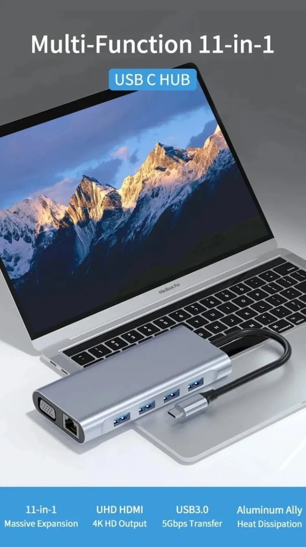 Hub USB-C Docking Station 11-en-1 Tipo-C a HDMI 4K, VGA, RJ45, PD 100W, USB para PC Accesorios Computador