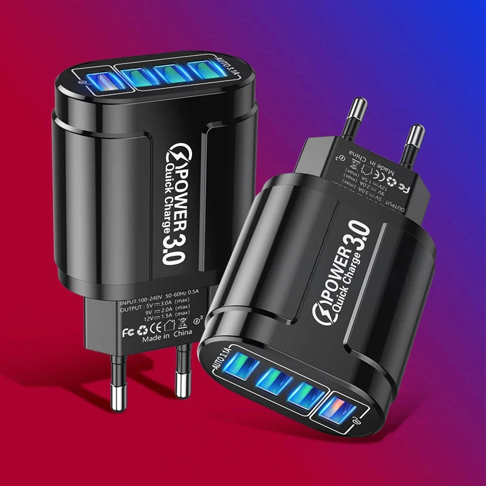 Cargador Rápido Viaje Portátil QC3.0 4 Puertos USB 48W (Enchufe EU) para Android/iPhone/Xiaomi