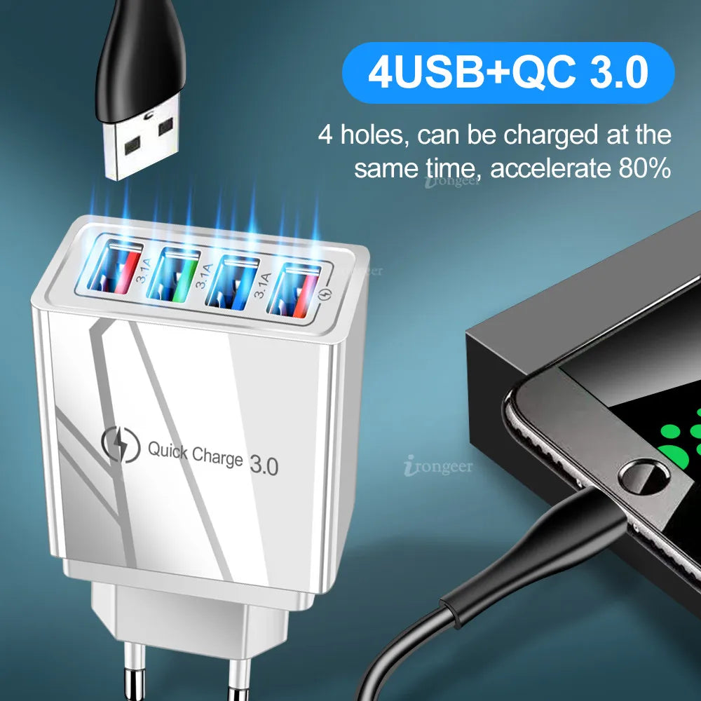Cargador Pared USB 4 Puertos Quick Charge 3.0 Carga Rápida para iPhone 15/14/Samsung/Xiaomi (Enchufe EU/US)