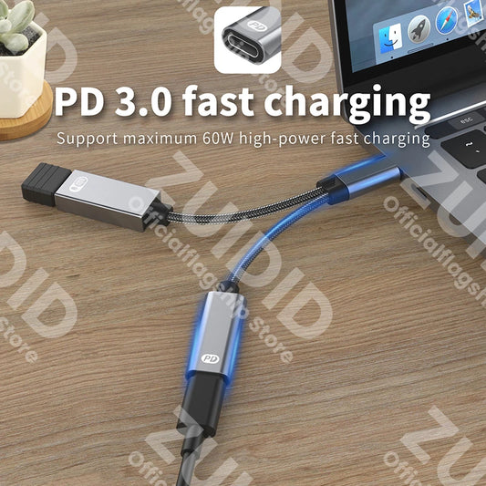 Adaptador Cable Carga USB-C OTG 2-en-1 PD 60W + USB 2.0 Data Converter para iPad Pro/Samsung/Huawei/Xiaomi/Laptop/Tablet
