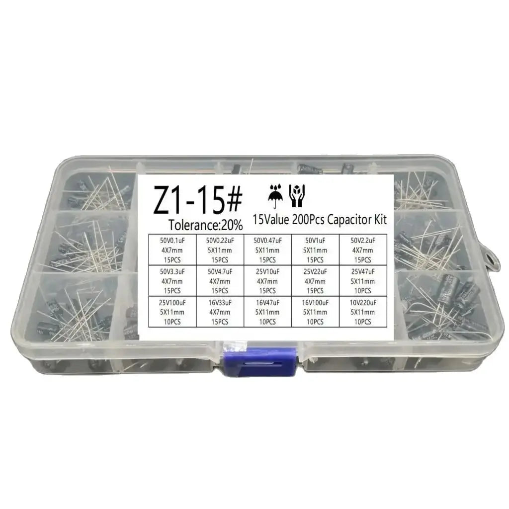 Kit Surtido Capacitores Electrolíticos Radiales 15 Valores (10V-50V, 0.1uF-220uF) (Lote 200 Unidades)