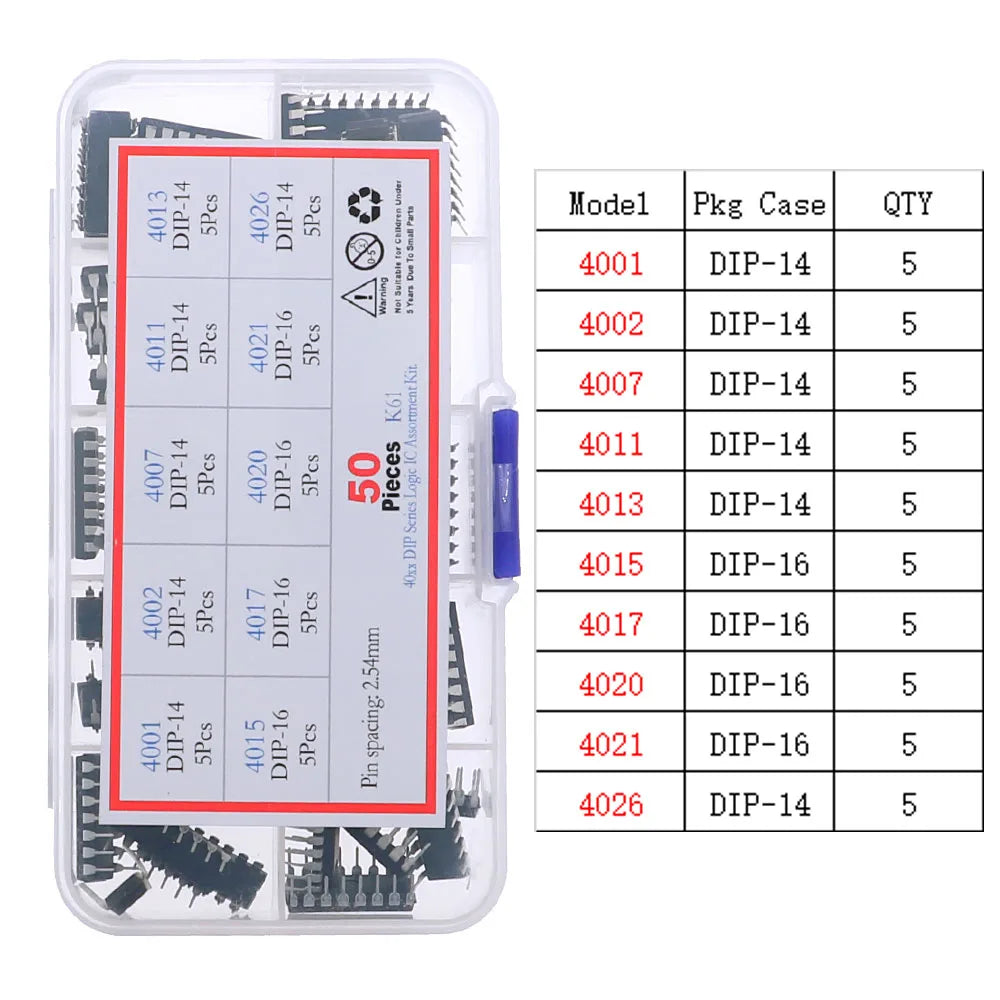 Kit Surtido Chips IC Lógica CMOS (Series 4000/4500/74HC/74LS) con Zócalos