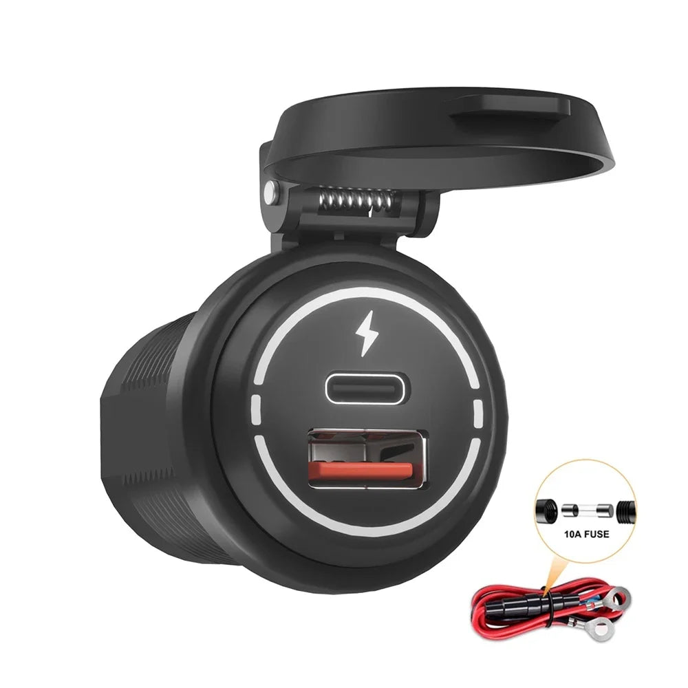 Socket Cargador USB 100W Impermeable Carga Rápida PD Tipo-C + QC3.0 para Auto/Bote/RV/Moto 12V-24V