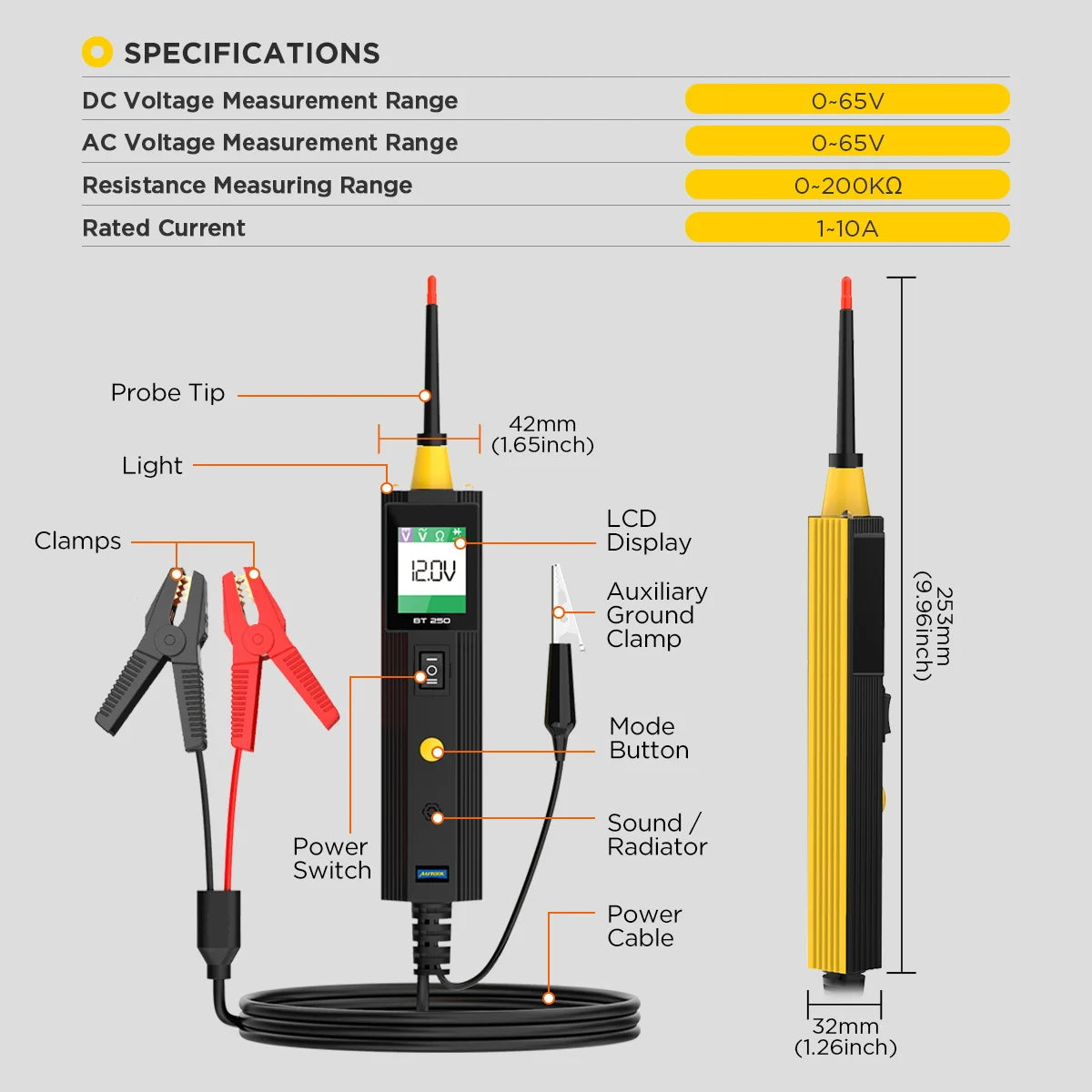 Tester Circuito Automotriz Autool BT250 (6-30V) - Kit Sonda Eléctrica (Power Probe) con Display LED